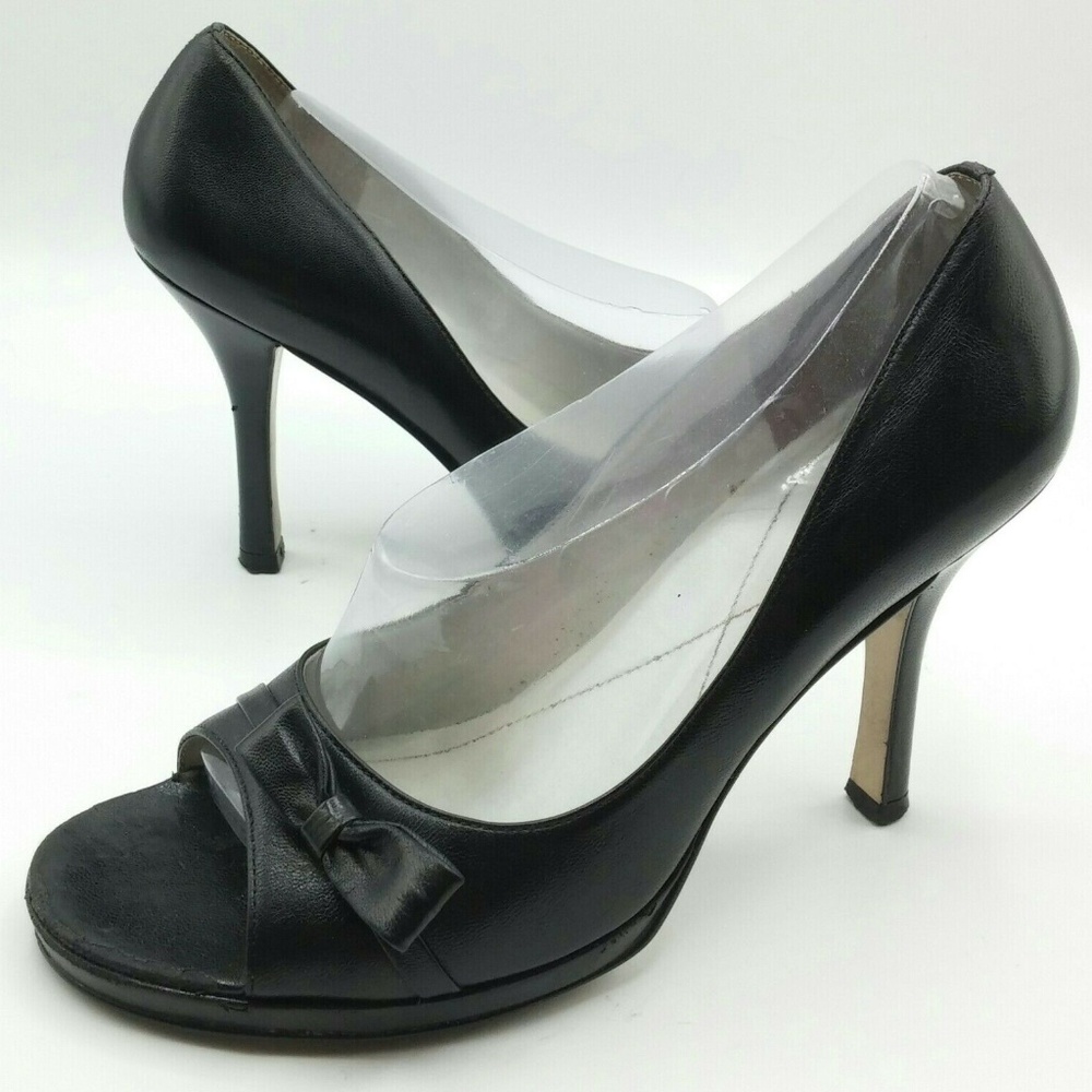 BCBG Black Leather Peep Toe Bow Slim Heels Pumps